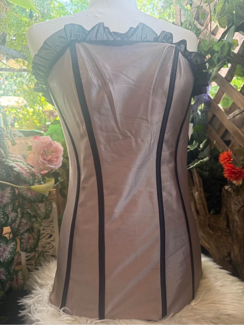 Strapless Ruffled Trim Taupe Corset Dress